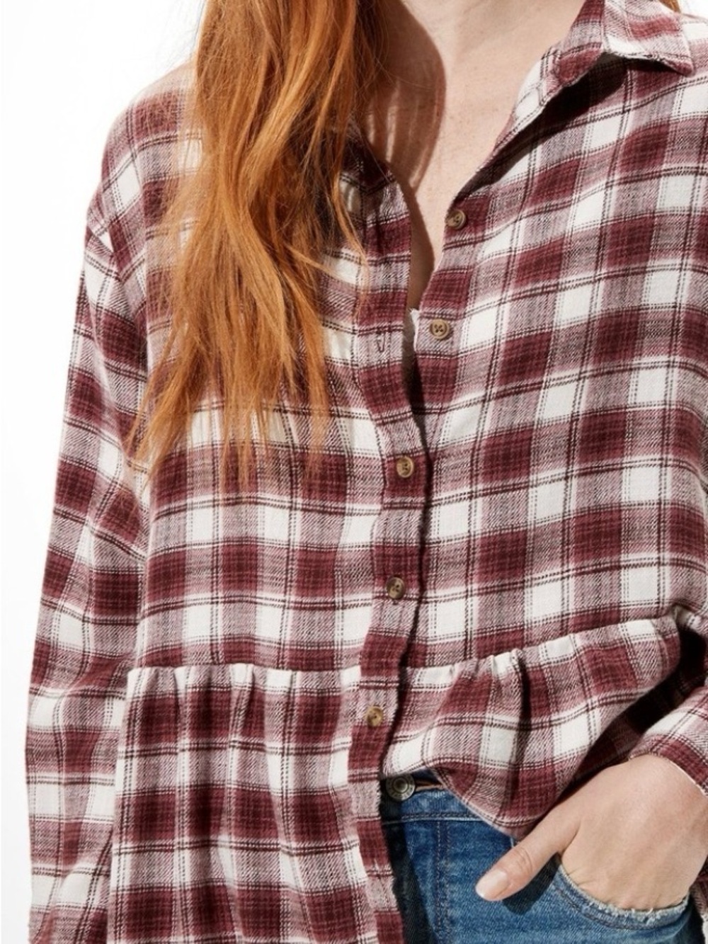 American Eagle Plaid Button-Down Shirt
Burgundy and white
Medium